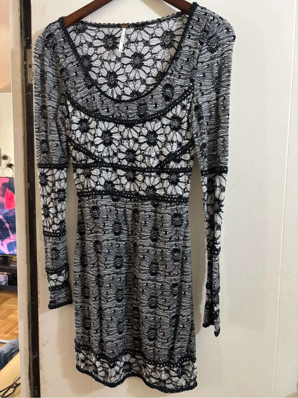 Free People Black and White Crochet Lace Long Sleeve Dress